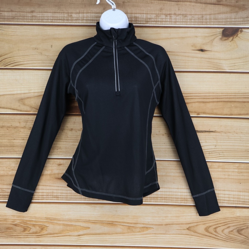 Tek Gear Activewear Top 1/4 Zip Long Sleeve Womens Size S Black‎ Gray Thumbholes